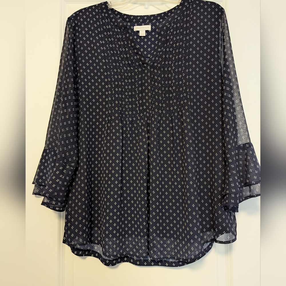 NWOT-Charter Club Navy & White Printed Sheer Blouse-Never Worn
